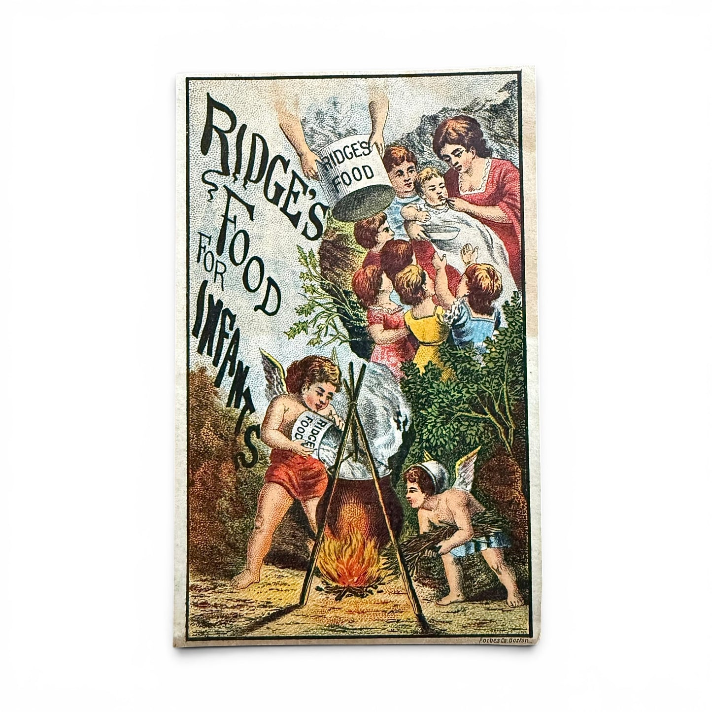 Ridges Food For Infants - Victorian Trade Card advertisement for Ridge's Food for Infants with children and angels around a campfire.