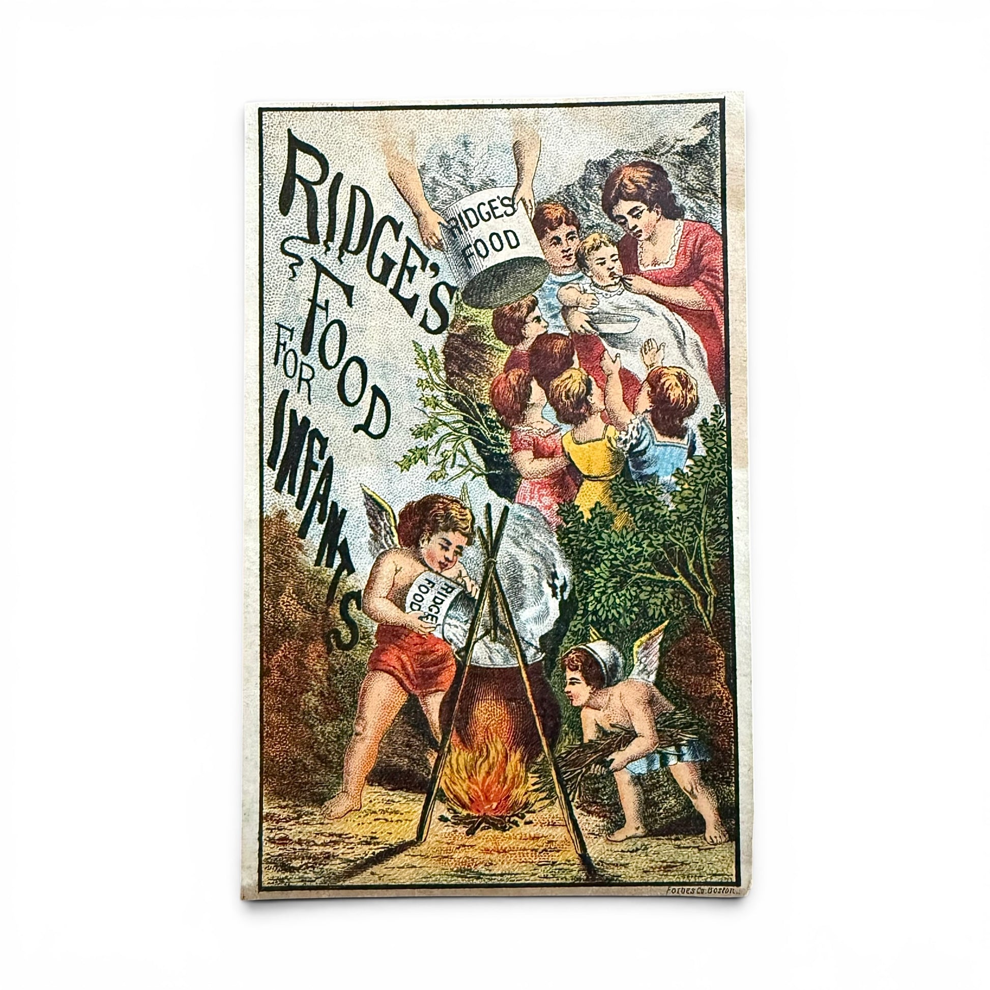 Ridges Food For Infants - Victorian Trade Card advertisement for Ridge's Food for Infants with children and angels around a campfire.