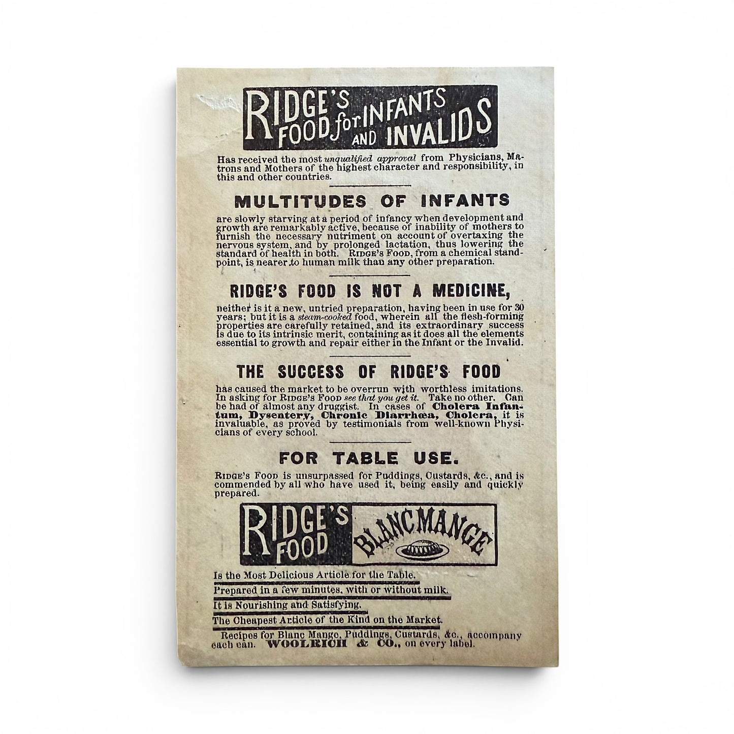 Vintage advertisement for Ridge's Food for Infants and Invalids on a white background