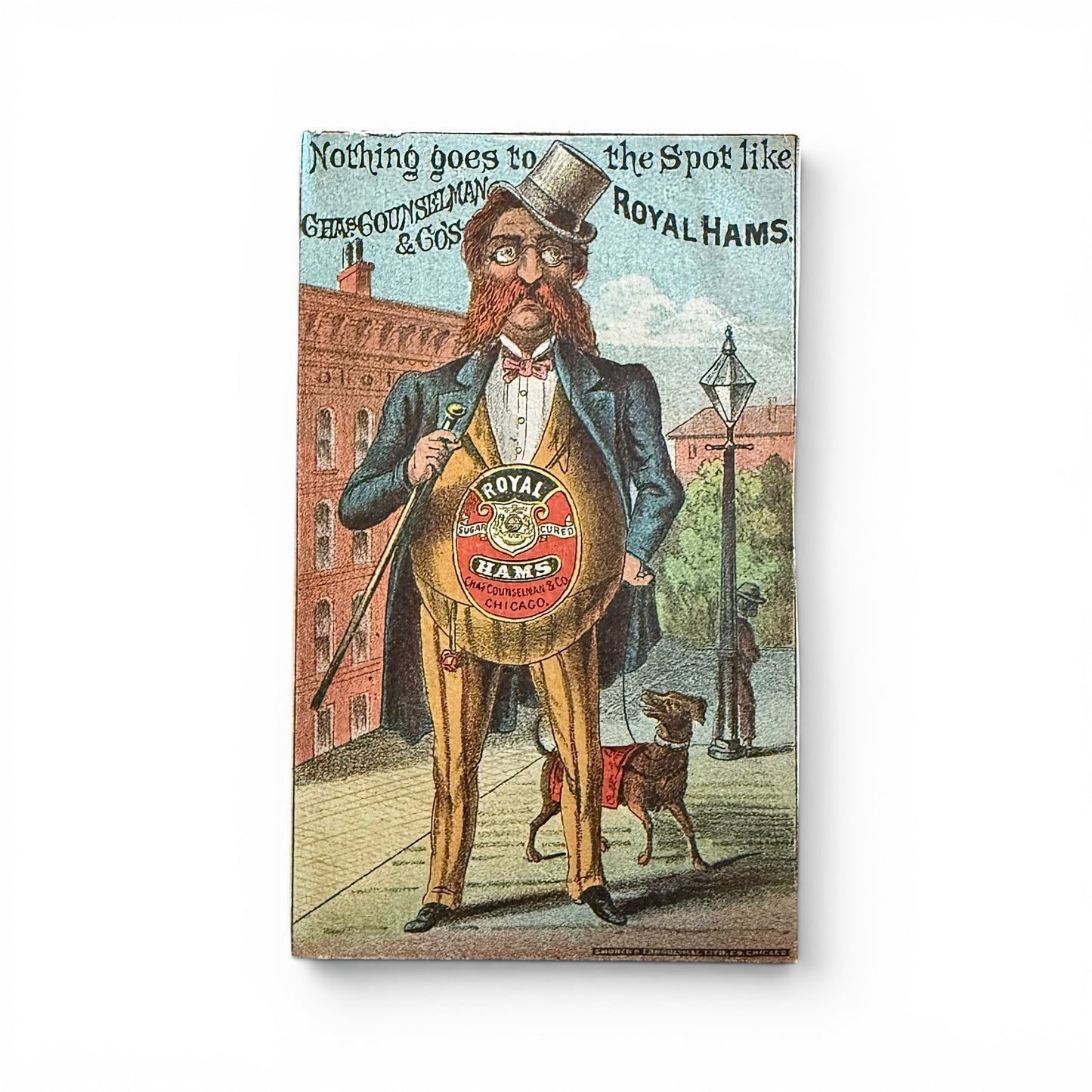 Royal Hams Chicago- Victorian Trade Card antique advertisement for Royal Hams featuring a man with a top hat and dog on a white background.