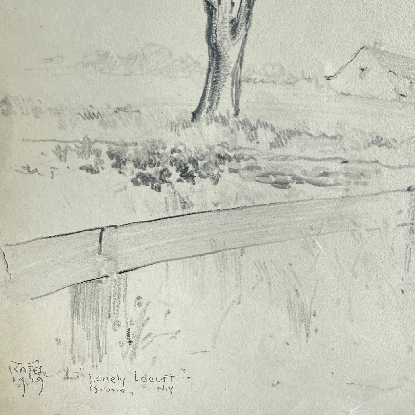The Lonely Locust, Bronx NY 1919 Sketch of a landscape with a tree and fence on textured paper