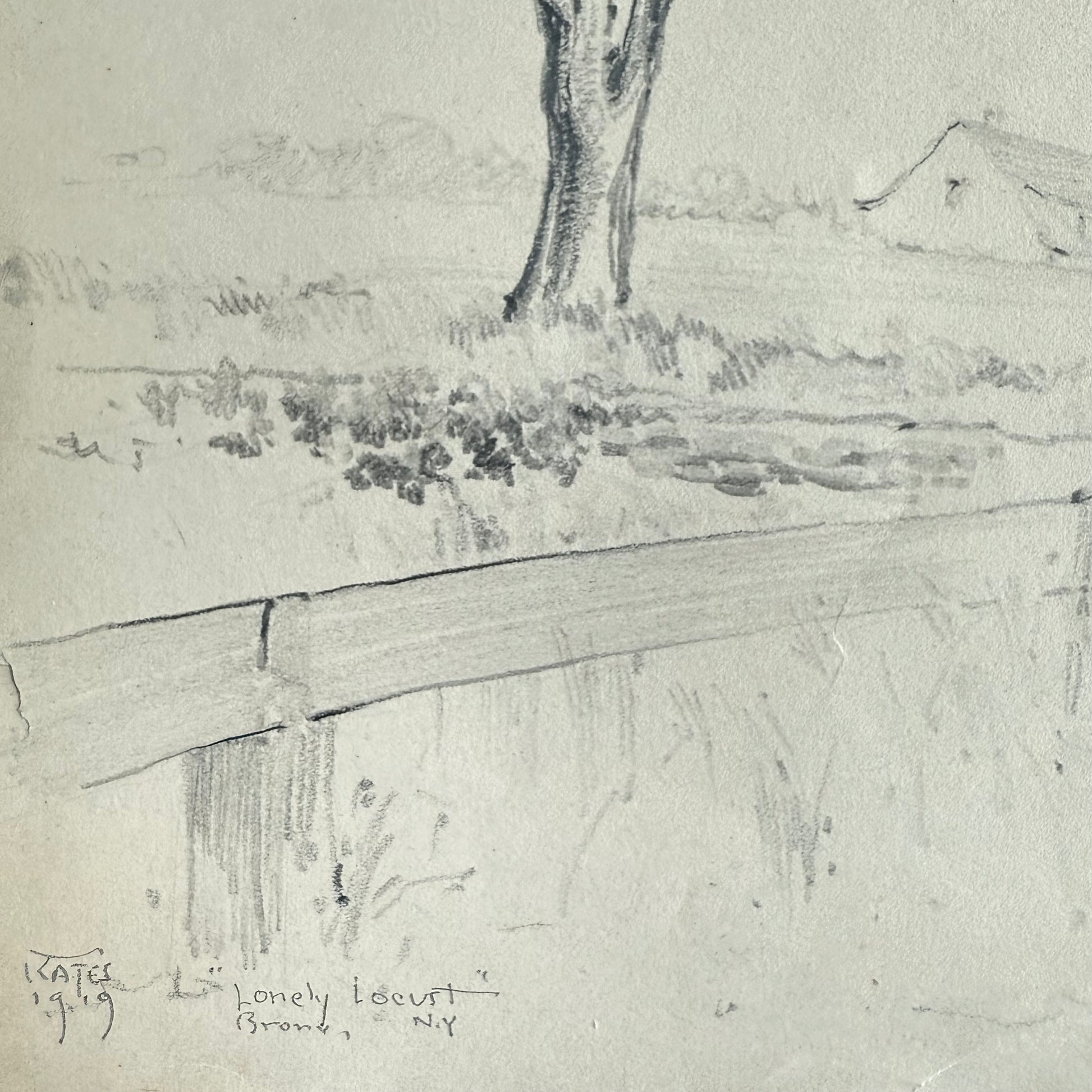 The Lonely Locust, Bronx NY 1919 Sketch of a landscape with a tree and fence on textured paper