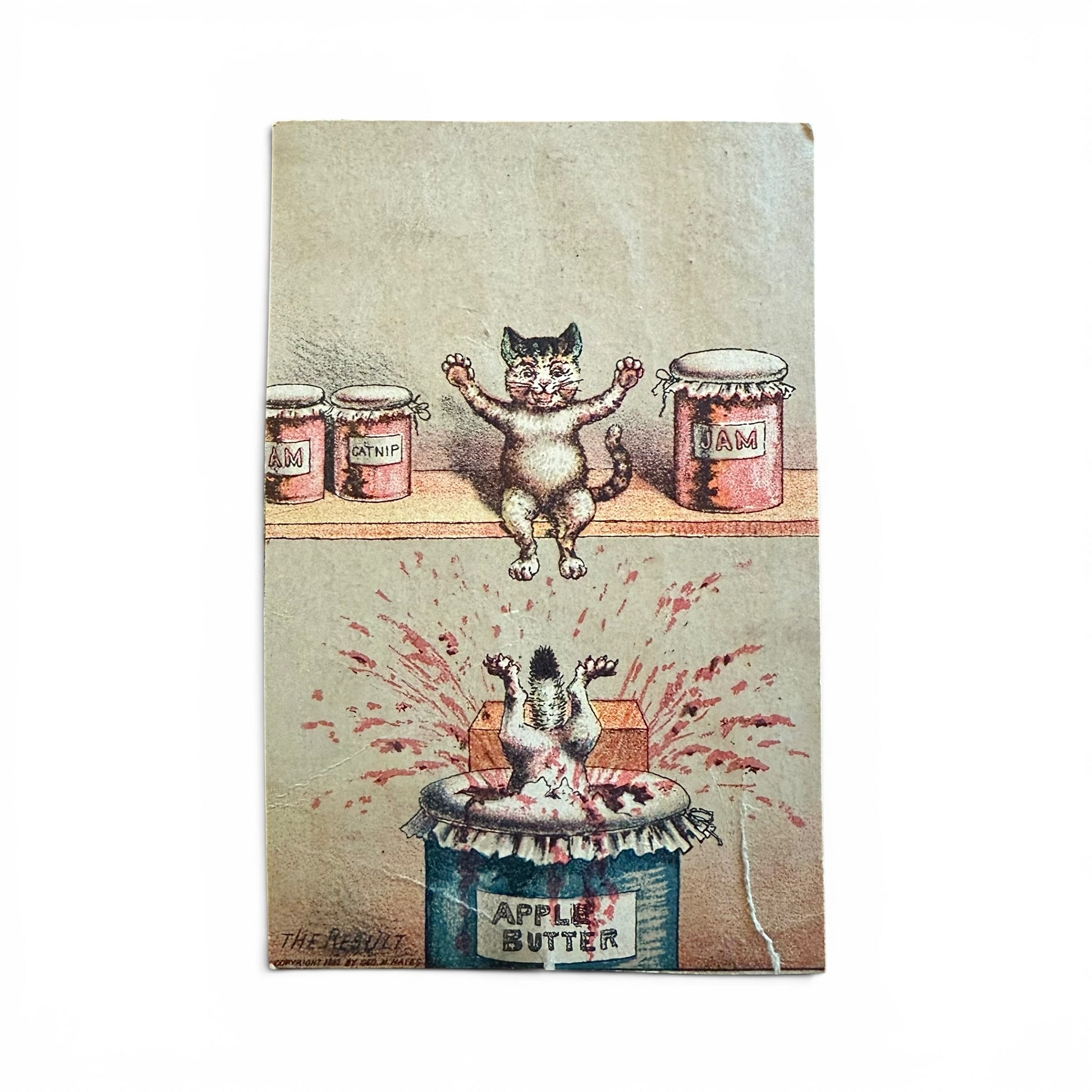 "The Result" Mischievous Cats - Victorian Trade Card lithograph illustration of a cat and jars on a beige background