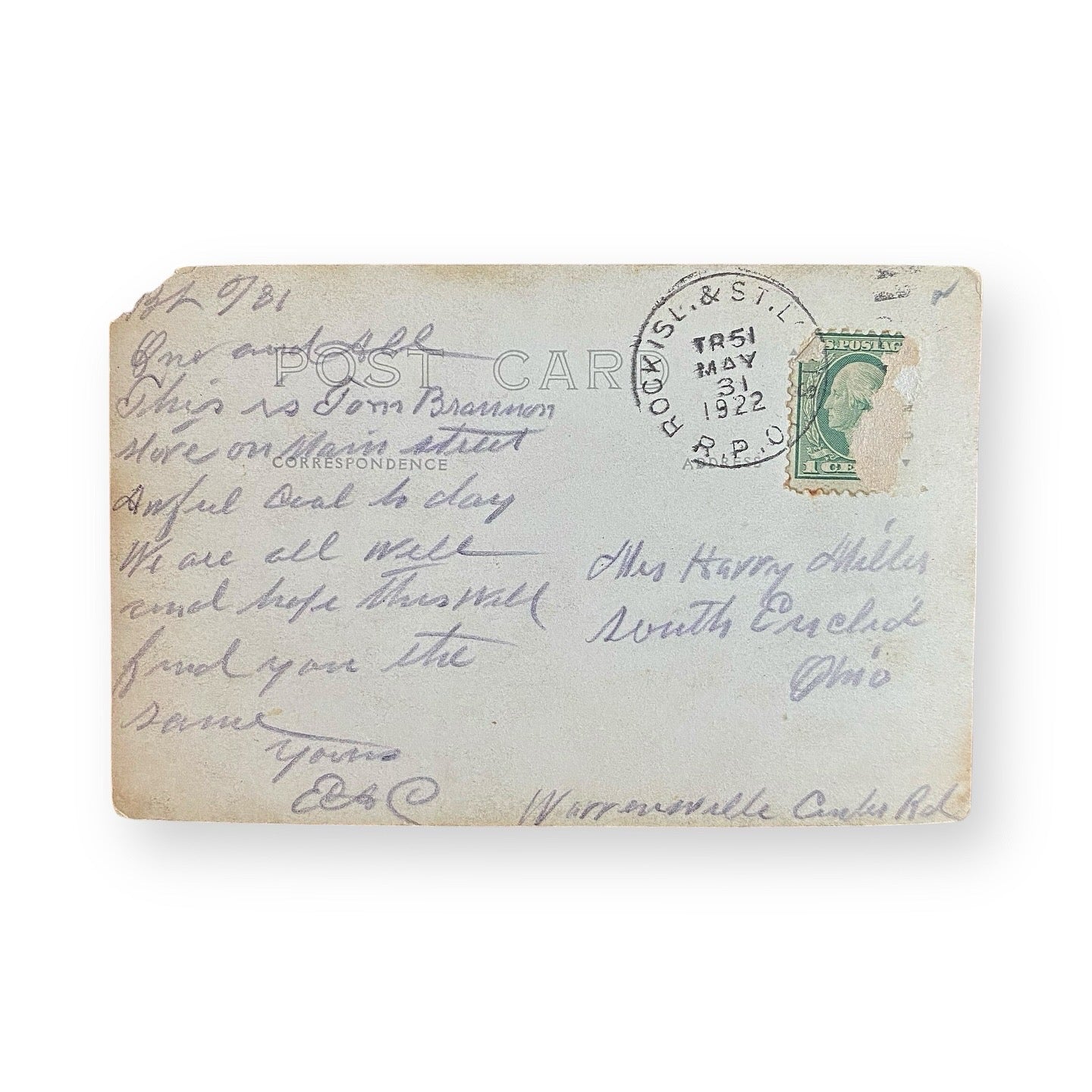 backside of antique photo postcard with writing on it and one cent stamp