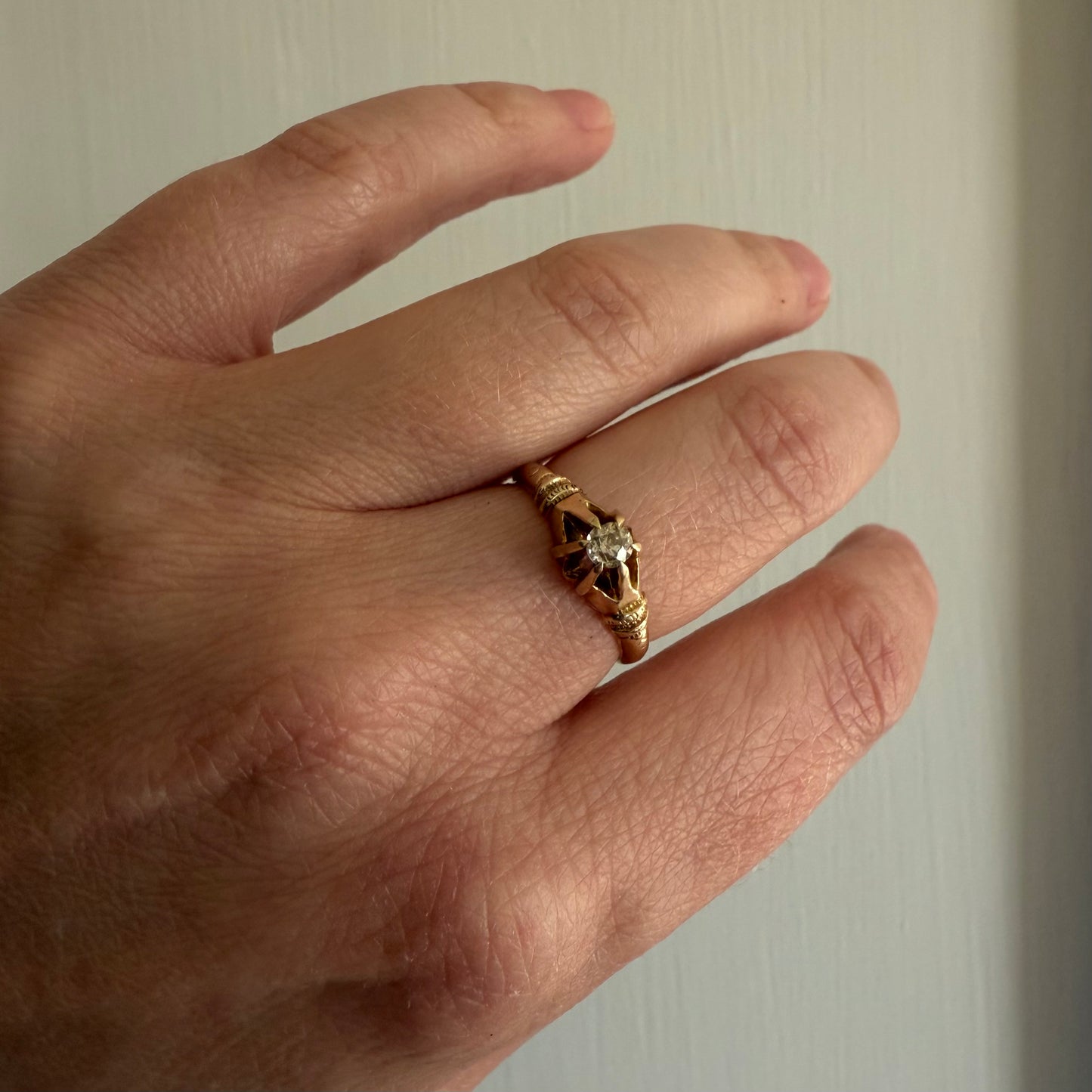 Victorian Belcher Ring 14k Gold .20 ct Old Mine Cut Diamond on hand