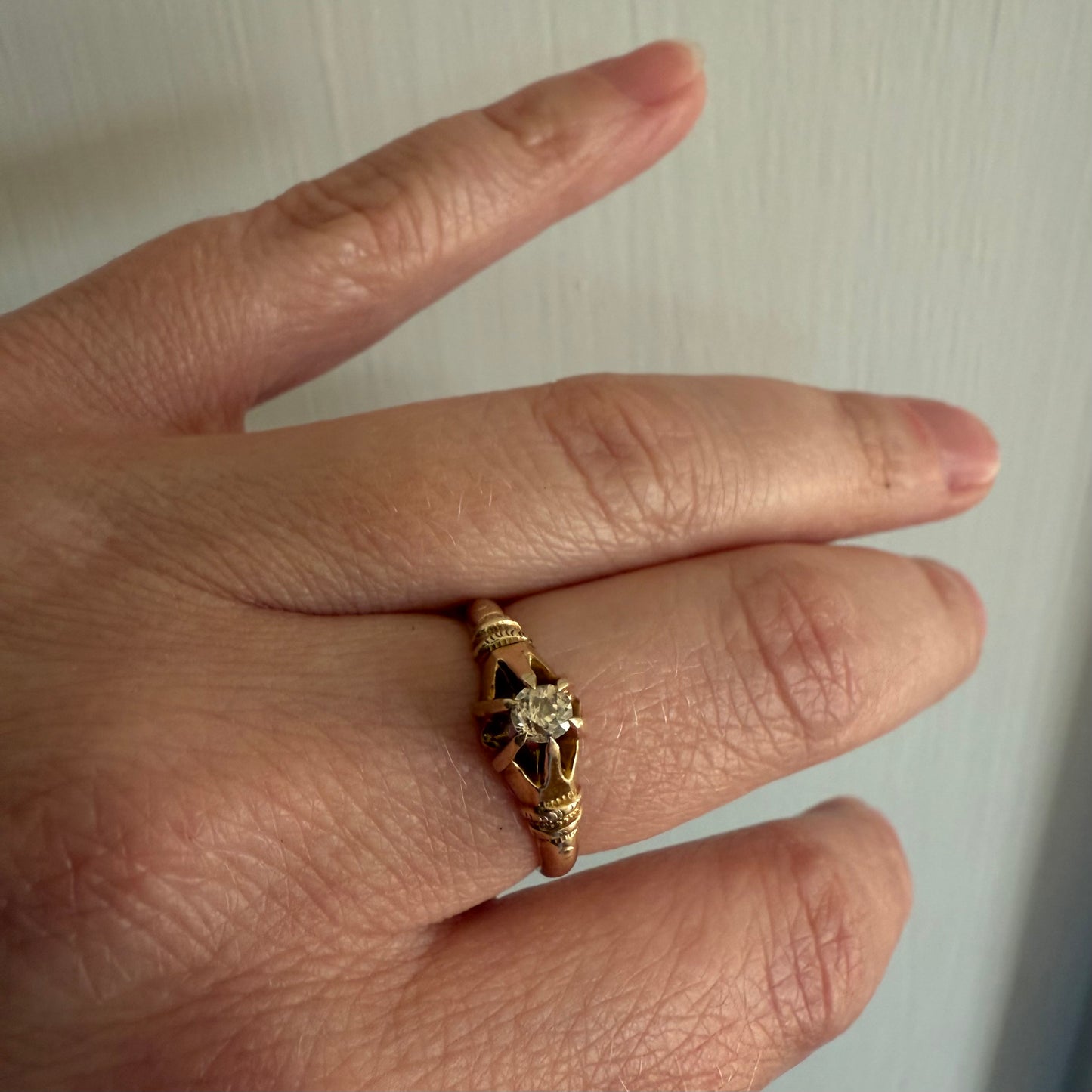 Victorian Belcher Ring 14k Gold .20 ct Old Mine Cut Diamond on hand