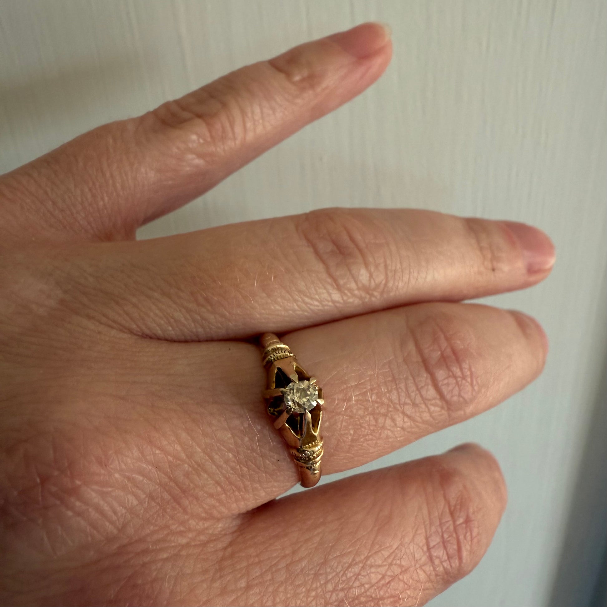 Victorian Belcher Ring 14k Gold .20 ct Old Mine Cut Diamond on hand