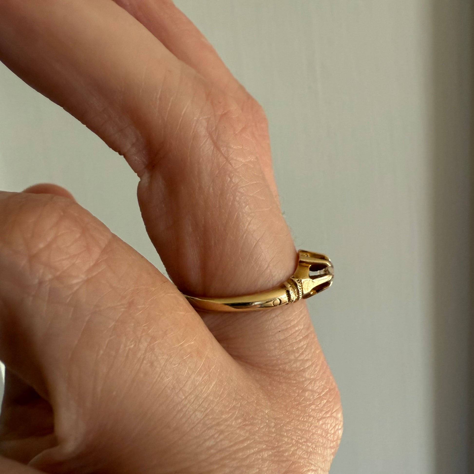 Victorian Belcher Ring 14k Gold .20 ct Old Mine Cut Diamond on hand side view