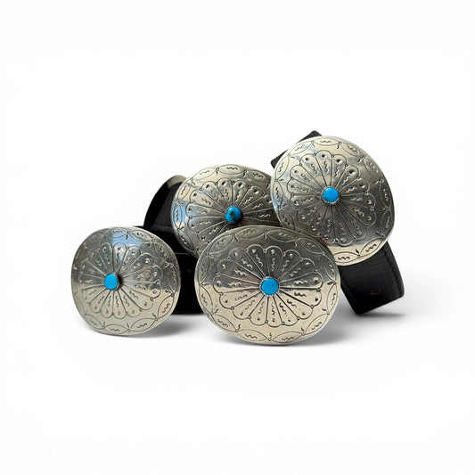 Vintage Nickel/Coin Silver & Turquoise Diné (Navajo) Concho Belt Set of silver concho belts with turquoise stones on a white background