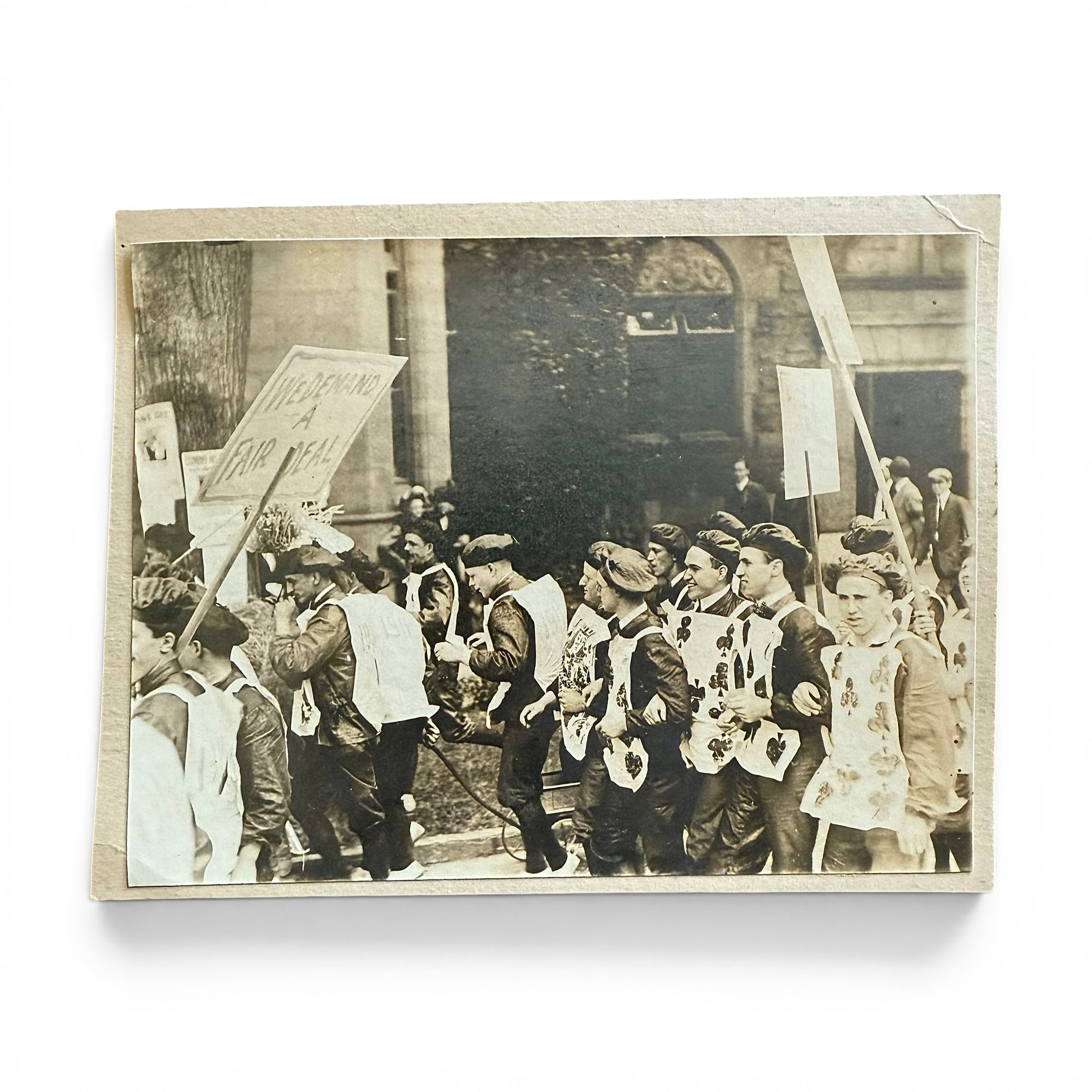 "We Demand A Fair Deal" Protest- Cabinet Card Vintage photograph of a protest or demonstration with people holding signs and banners.